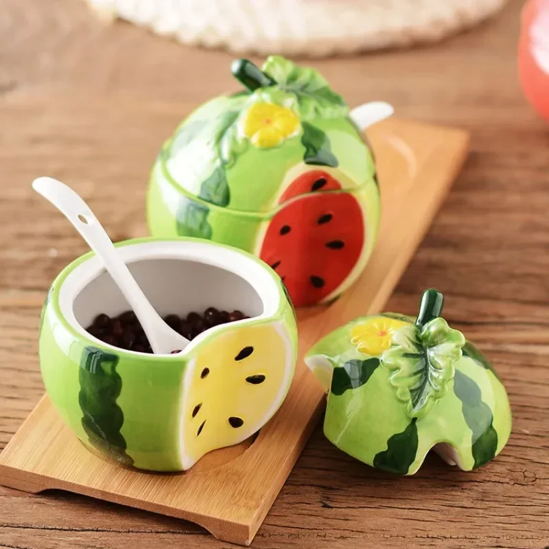 New creative ceramic seasoning jar jar Cute fruit watermelon shape put pepper sugar salt jar kitchen supplies
