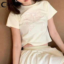 CIBBAR Cute Coquette Bow Embroidery Cropped Top Korean Fashion Crewneck White Short Sleeve T-shirt Women Casual Tees Summer y2k