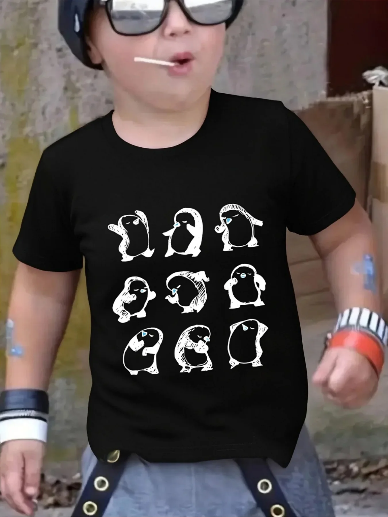 Cute Sketch Dancing Penguin Group Print Family Matching T Shirt Boys Girls Short Sleeve Parent Child Soft Cotton Casual Tops