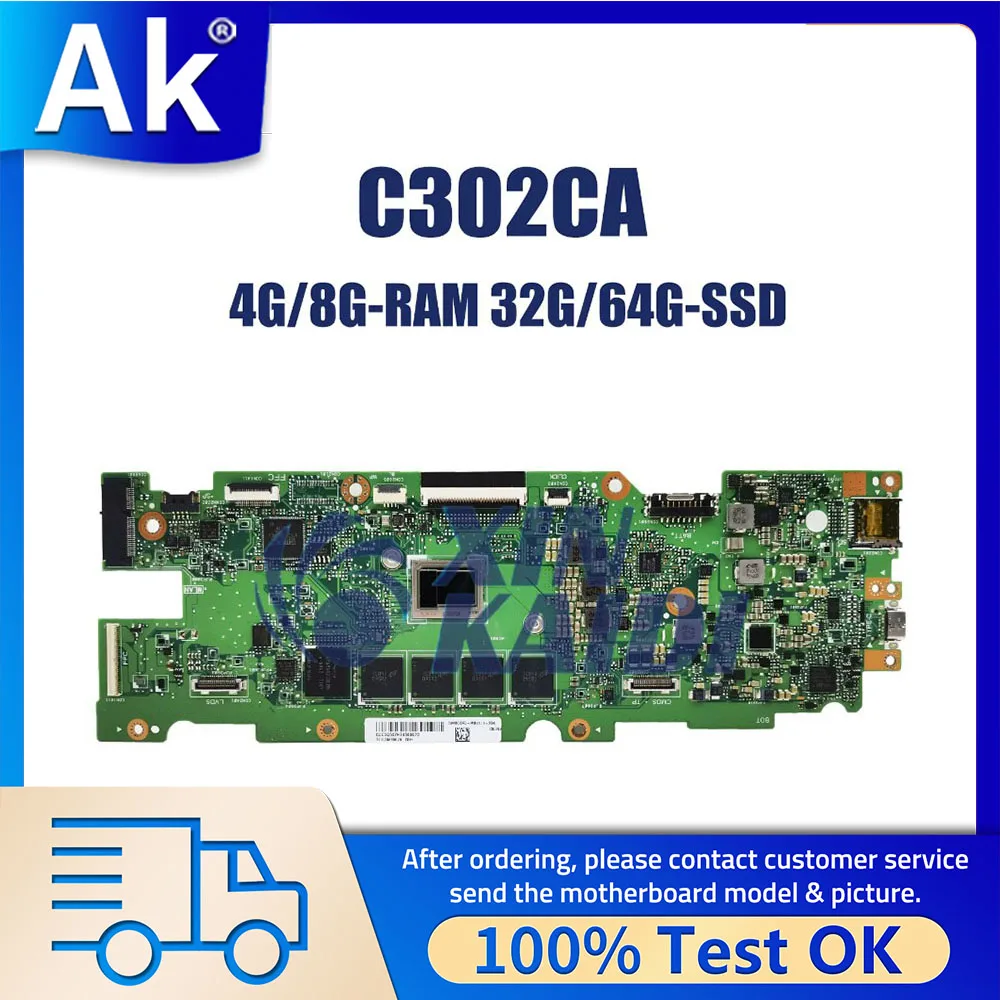 Laptop Motherboard For ASUS Chromebook C302CA C302C C302CA Mainboard M3 6Y30 M5 6Y54 M7 6Y75 CPU 4G 8G RAM 32G 64G SSD