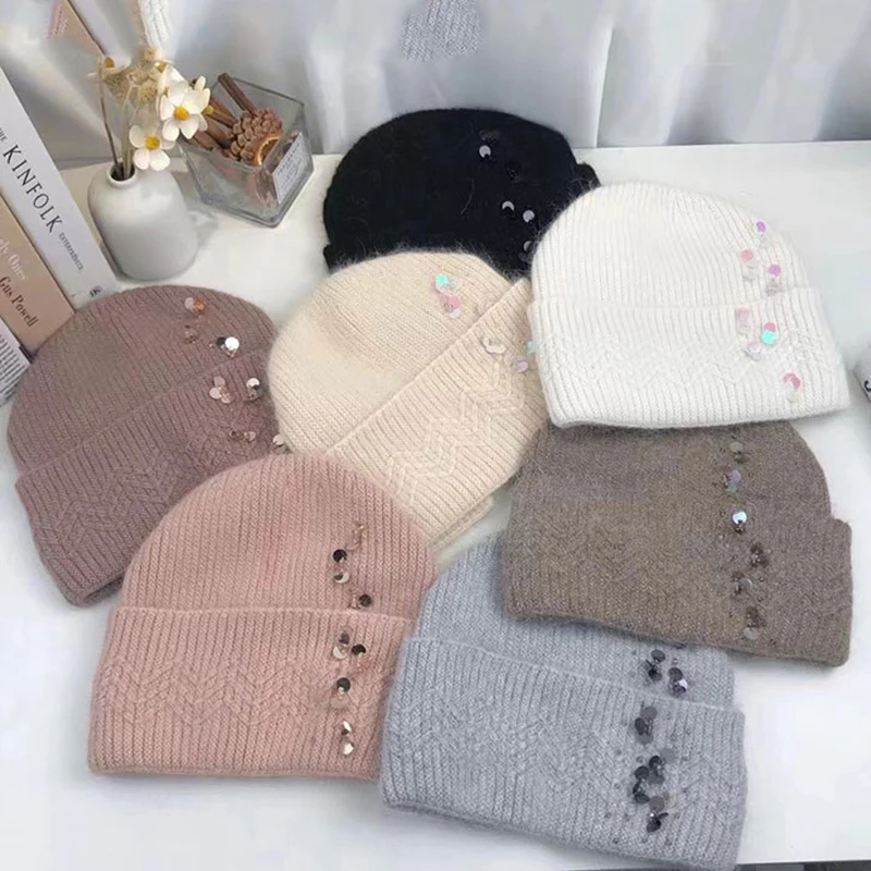 

Hat Women Winter Beanie Angora Knit Sequins Double Layers Warm Accessory For Autumn Cold Weather Ski Sports Outdoor Holiday