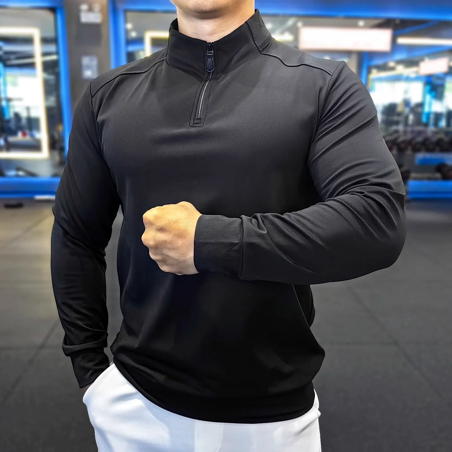 Sports Stand-up Collar Long-sleeved Men Autumn Winter Outdoor Running Fitness Training Clothes Elastic Breathable Slim-fit Top