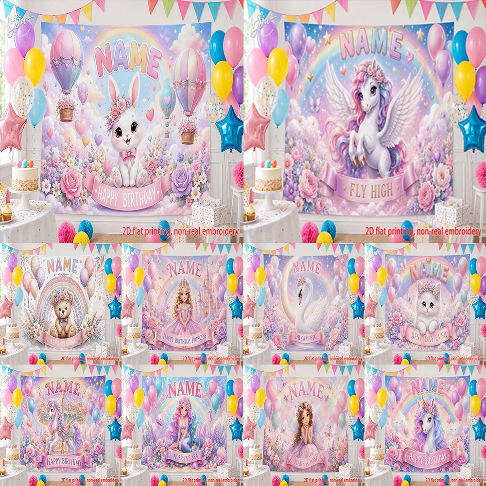 1pc Custom Name Pastel Princess Unicorn Bunny Birthday Backdrop Tapestry for Girl Party Decoration