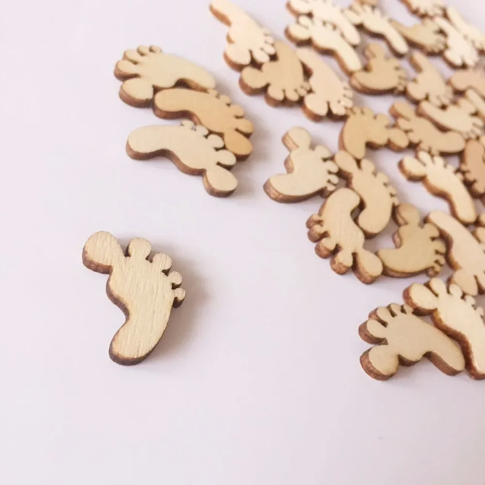 100pcs Natural Wooden Foot Shaped Slices Mini Craft Handmade wood Loose Beads for Baby Shower Wedding Party Crafting Decoration