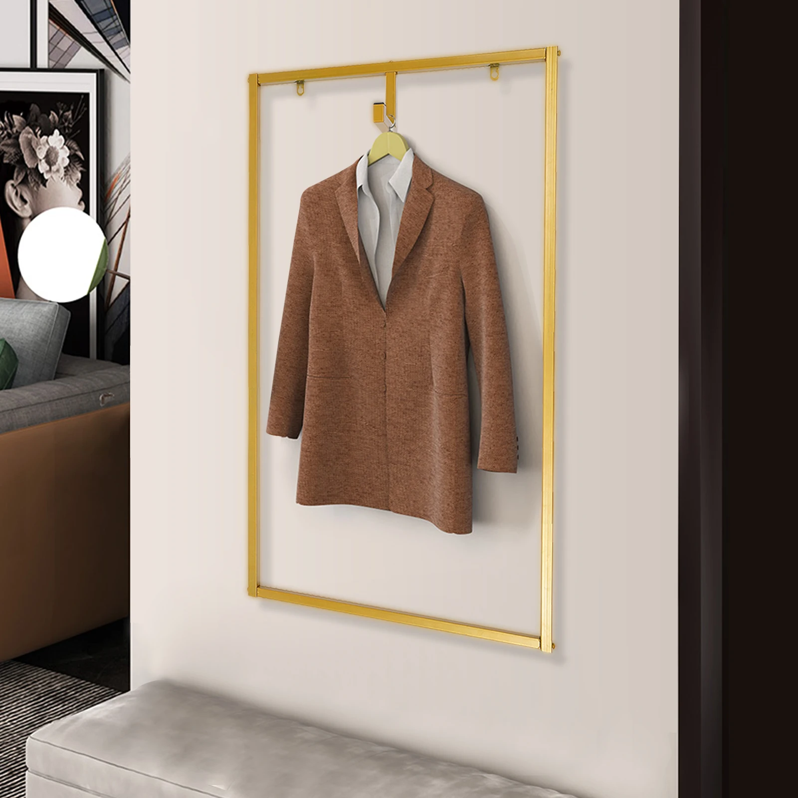 Gold Clothing Rack Metal Garment Rack Wall-Mounted Clothes Display Stand For Living Room Bathroom