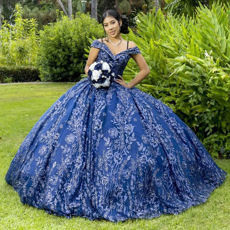 

Navy Blue Shiny Princess Quinceanera Dresses Sequin Appliques Lace Beads Tull Ball Gown Bridal Dresses Vestidos 15 De Novia Swee