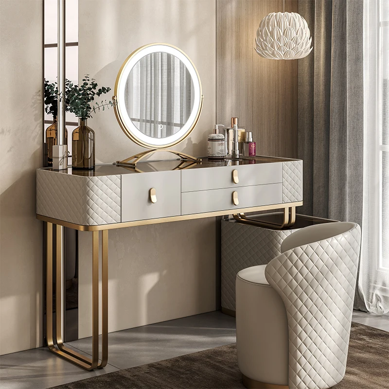 Luxury Nordic Dressing Table Toilet Set Vanity Make Up Dressers Nightstands Lighted Mirror Toilette Trucco Bedroom Furniture