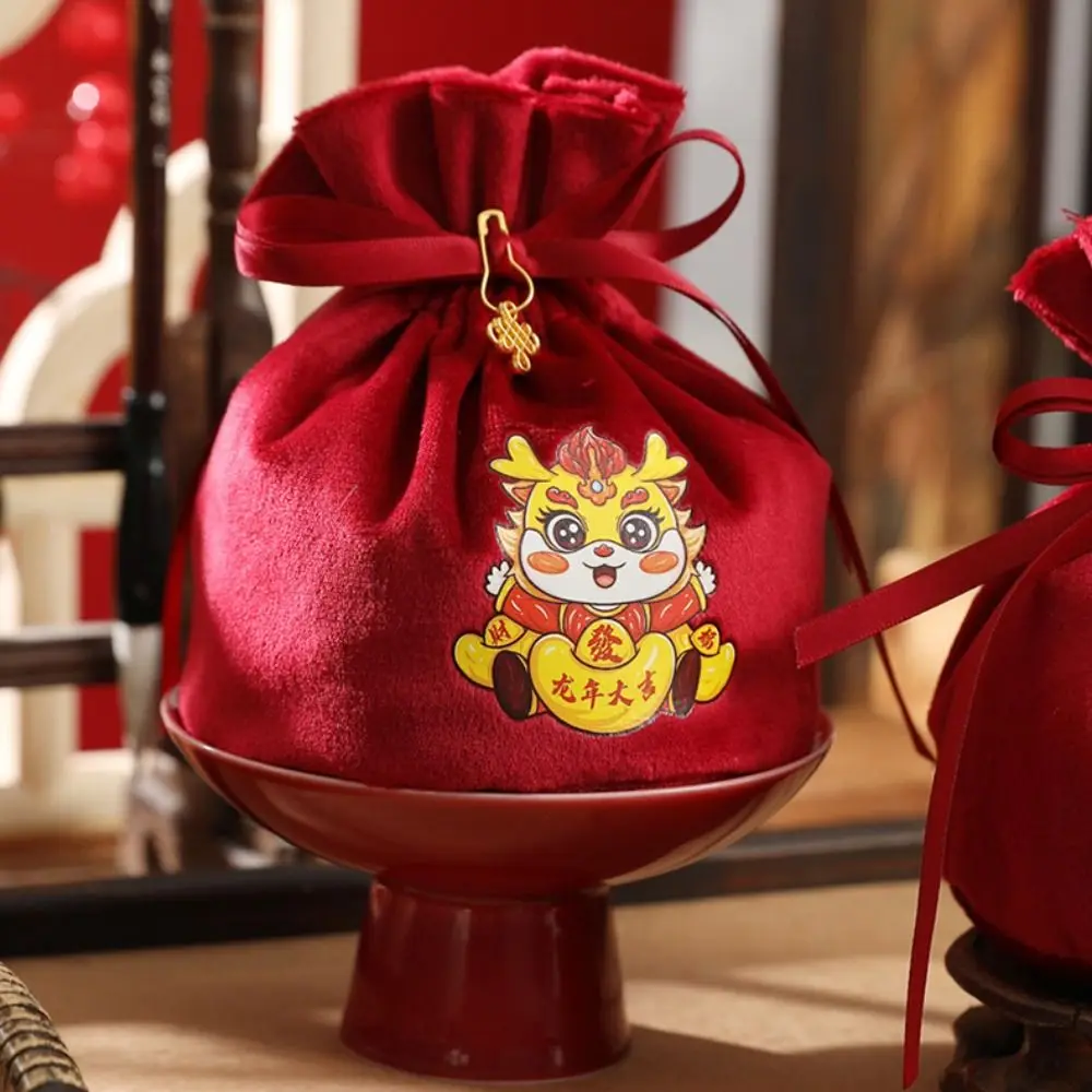 Ribbon Bow Dragon Bowknot Drawstring Bag Letter Chinese Style 2024 New Year Handbag Large Capacity Coin Purse Wallet