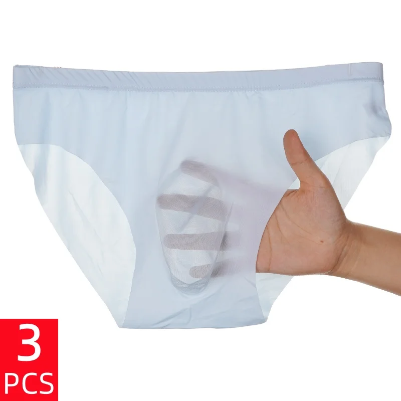 3PCS Men's Summer Cool Ice Silk Underwear Ultra-Thin Sexy See-Through Triangle Briefs Comfortable Breathable Underpants Lingerie