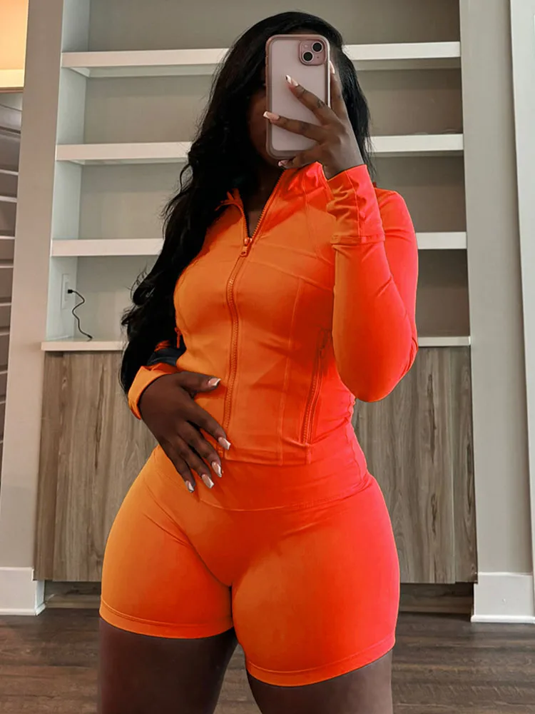 Doyerl Solid Casual Tracksuits Set Woman 2 Piece Sets Active Wear Long Sleeve Zipper Jacket Top and Shorts Sport Suit Matching