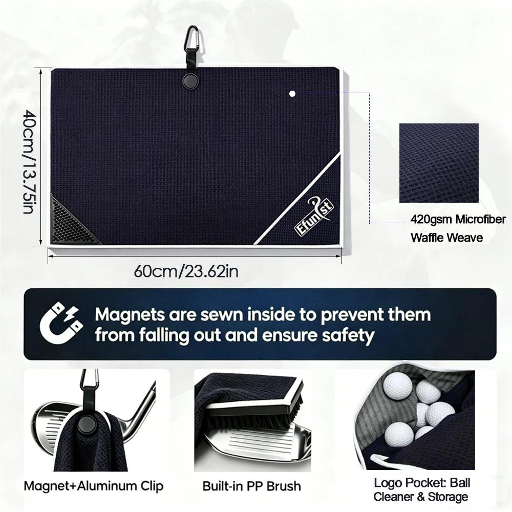 Efunist 4-in-1 Magnetic Golf Towel 40x60cm Carabiner PP Brush & Hidden Pocket 420gsm Waffle Microfiber Absorbent Golf Gift