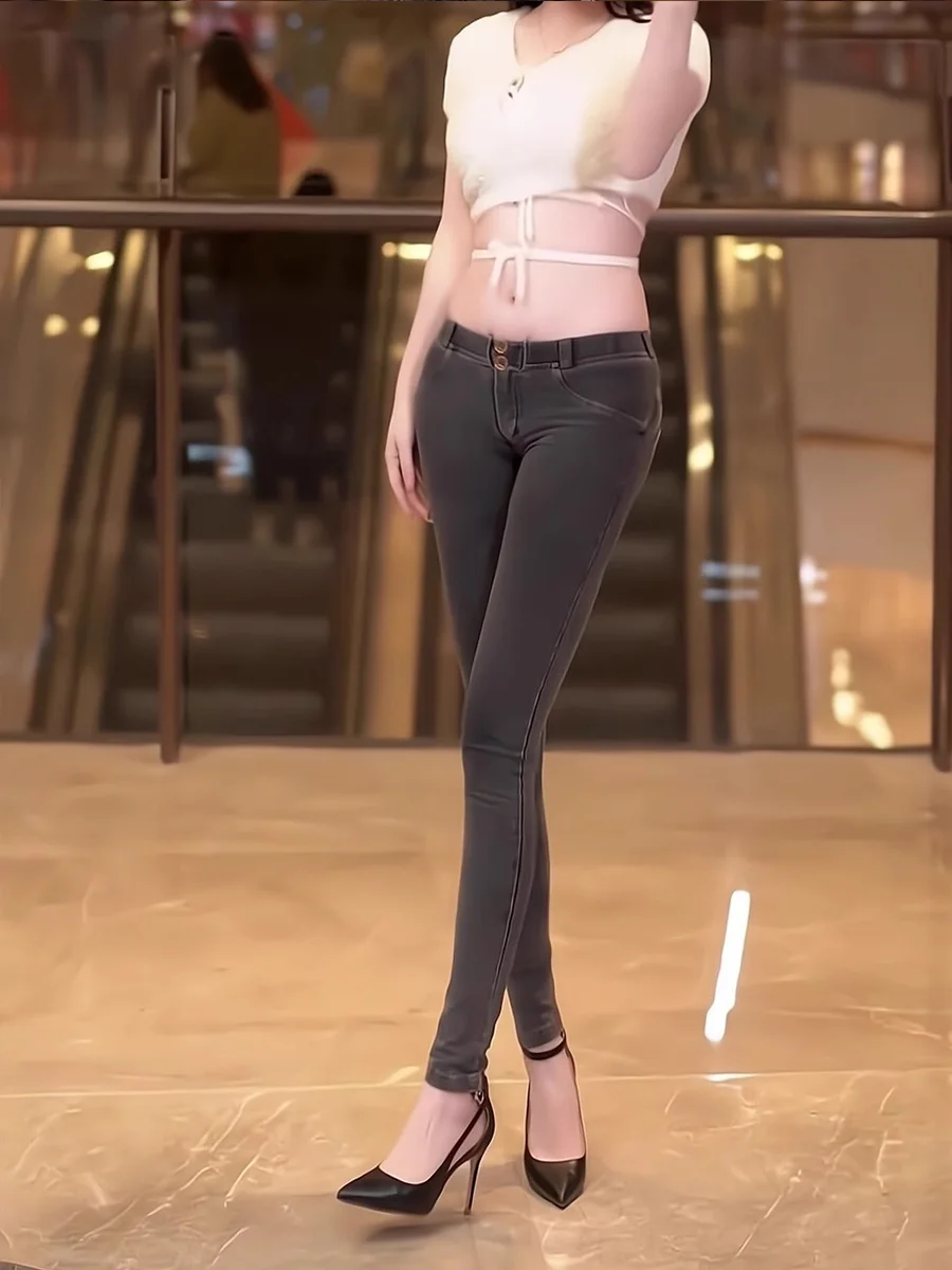Sexy Low Waist Peach Butt Denim Jeans Women's Tight Elastic Yoga Pants Nine Points Small Footed Cotton Stretch Denim Skinnies