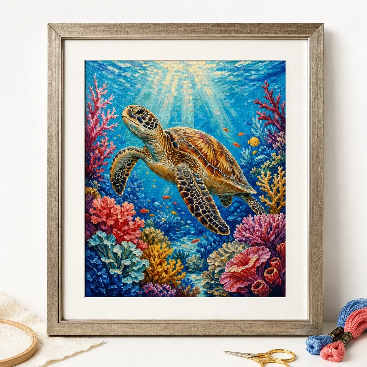 Stamped Cross Stitch Kit 11/14/16/18CT Printed Canvas Cotton Floss DIY Embroidery Wall Decor[ZZ8863-Sea Turtles in Coral Reefs]