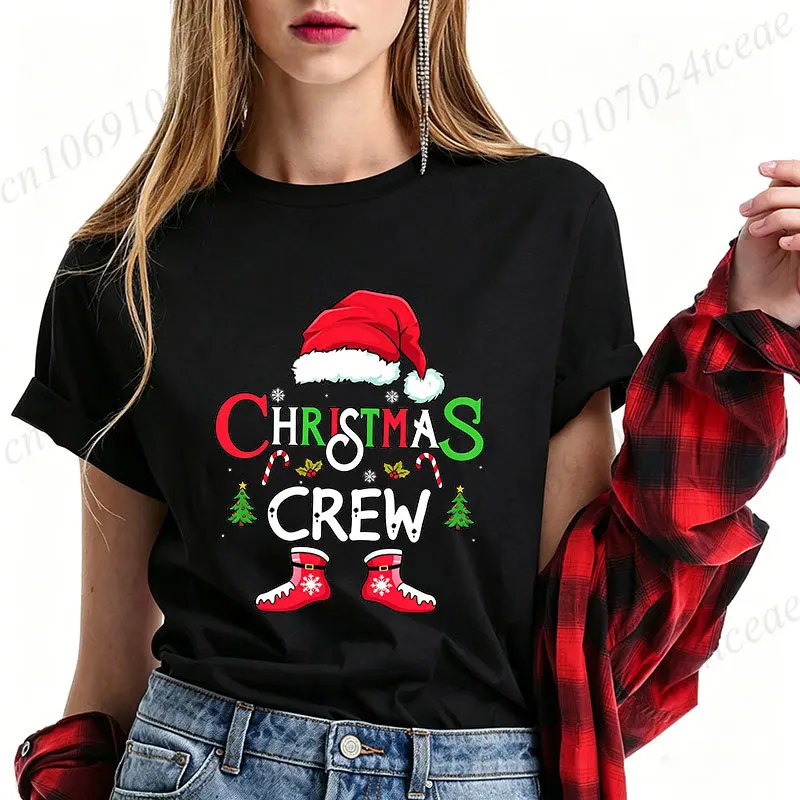 Christmas Crew T‑Shirt Women Xmas Santa Hat Socks Graphic Tees Funny Family Matching Outfit Christmas Party Casual Tops Gifts