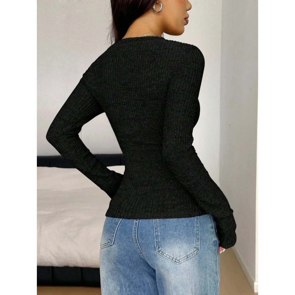 T-Shirt Sexy ajusté en dentelle pour femme, haut à boutons, couleur unie, vêtements Y2k, nouvelle mode automne hiver 2025