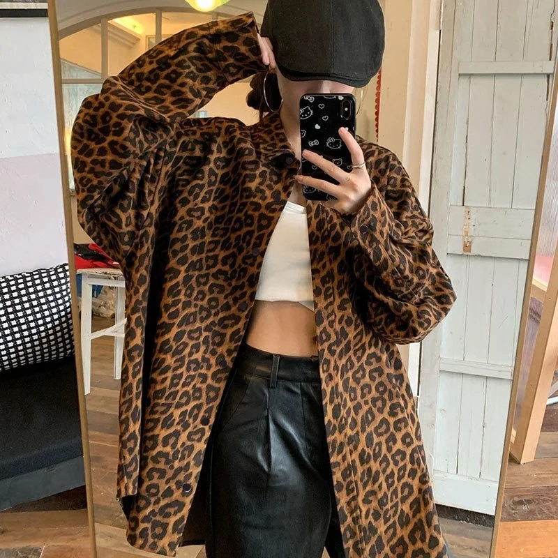 Winter New Women\'s Chic Leopard Shirt Jacket Sexy Elegant Loose Blouses Retro Top Streetwear Jacket Vintage Lady\'s Casual Coat