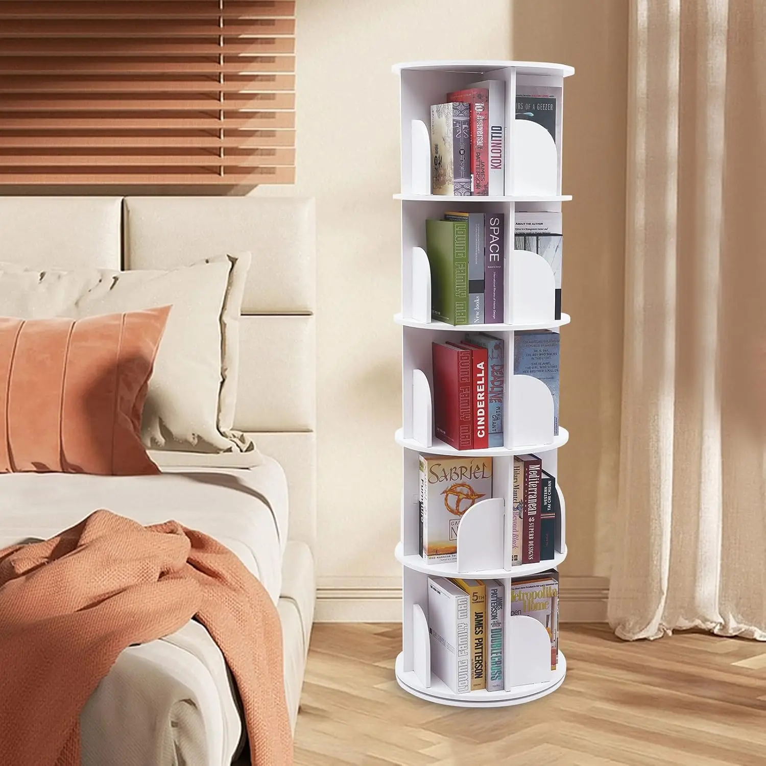 5 Tier 360° Rotating Stackable Bookshelf Organizer, Revolving Bookcase with 20 Compartments, Storage Display Rack for Office Hom
