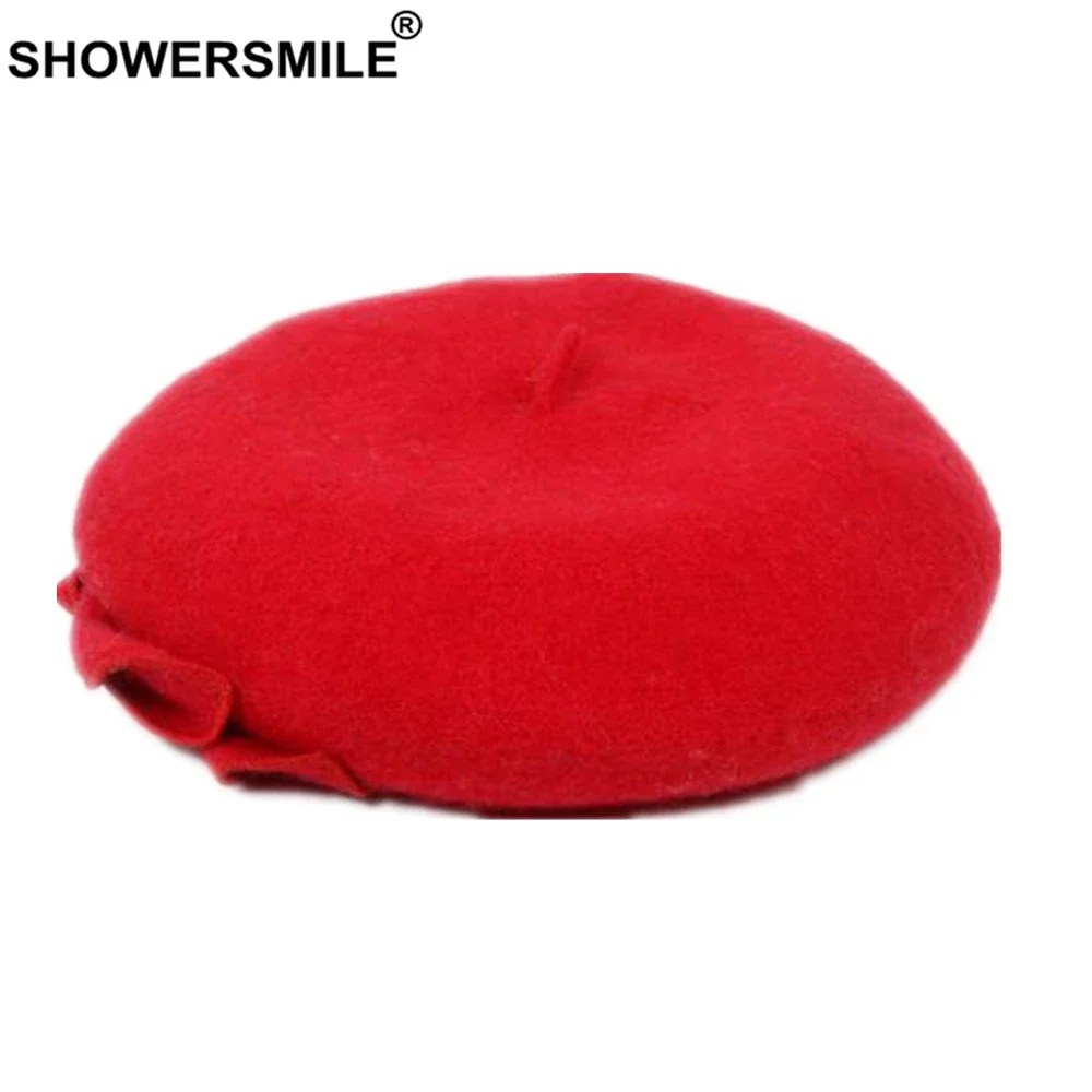 

SHOWERSMILE Wool Berets Caps for Women Red French Hat British Style Female Vintage Baret Solid Bowknot Ladies Winter Beret Hats