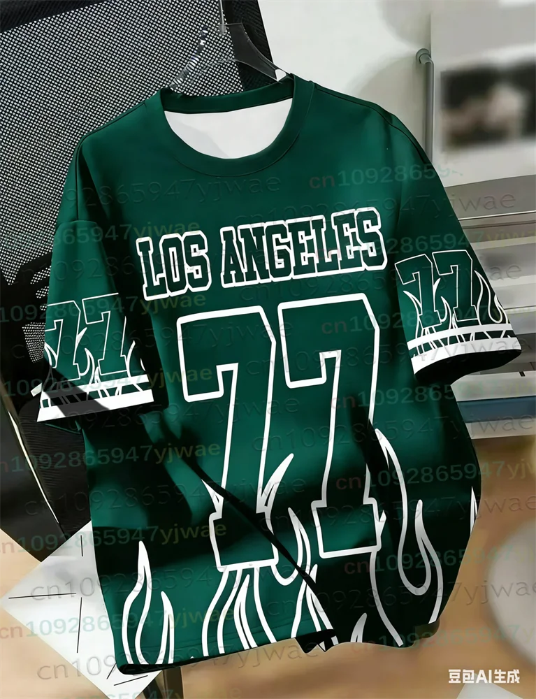 Los Angeles 77 Football Jersey Men's Summer Casual Breathable Round Neck Tee Flame Color 3D Print Streetwear Unisex Beach Tshirt view 5