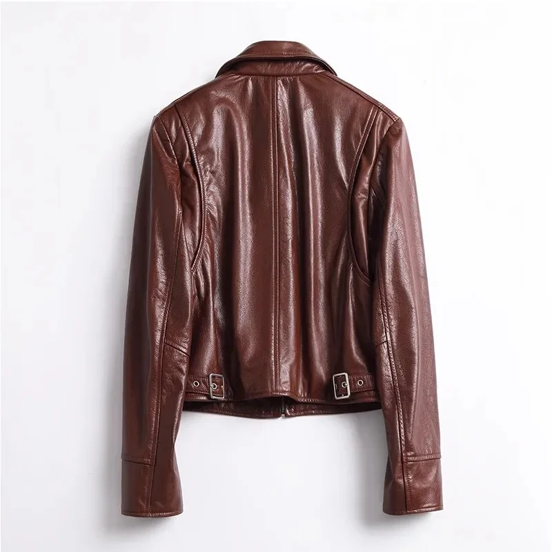 Cowhide Real Motorcycle Jackets for Women Spring Autumn 2024 Trend High-end Vintage High Waist Cropped Genuine Leather Coats