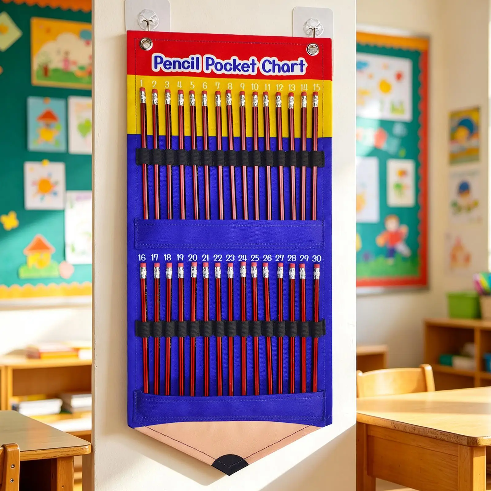 Back To School Pencil Pocket Chart 30-Slot Space Saving Funny Storage Parking Organizer Wall Pencil Holder Classroom Decor
