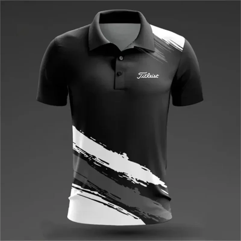 Polo de manga curta masculino, roupa respirável casual, esporte de golfe e tênis, tops versáteis com gola, rua exterior, verão, novo