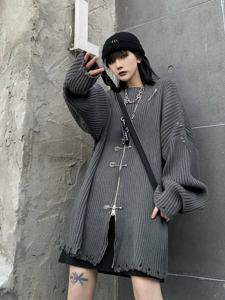 Gothic Harajuku Y2k Pullovers Gray Black Zipper Chain Sweater Vintage Aesthetic Korean Grunge Women Top Egirl Emo Clothes Fall