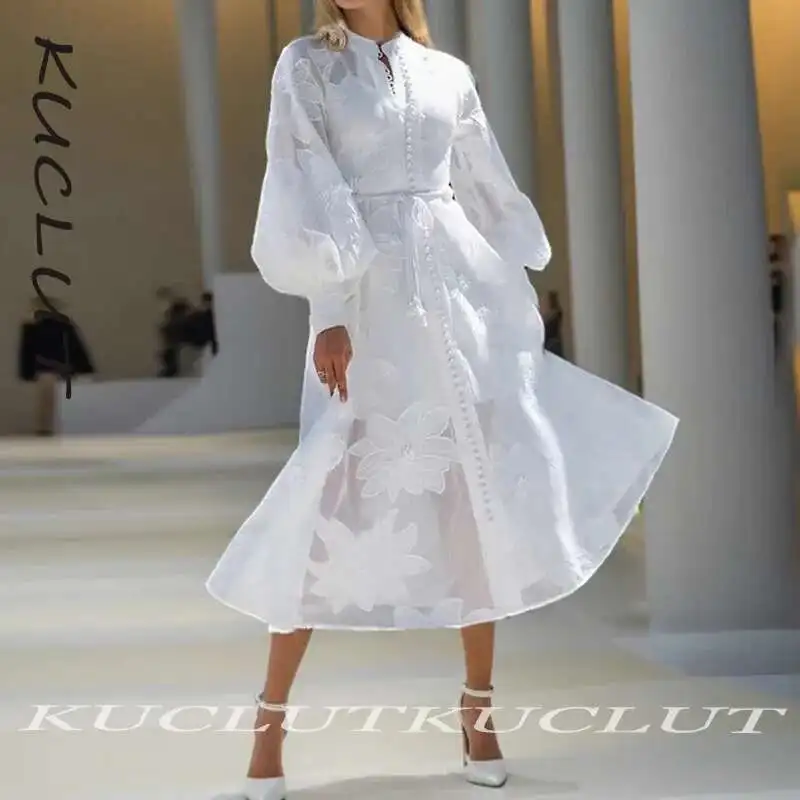 

KUCLUT Fashion Lantern Sleeve Design Embroidered Lace Long Dresses For Women Elegant Single-breasted Dress Female Trendy K342