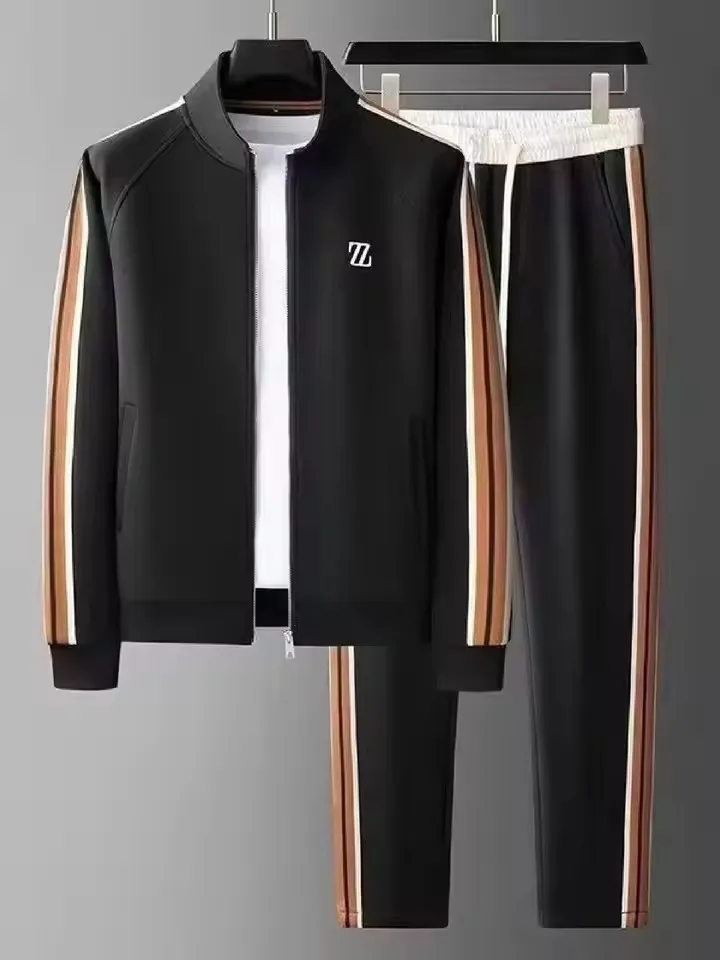 Men's Autumn Faionable Sportswear Long Sve Stand Collar Casual Sports Suit Two-Piece Set Straight Leg Pants