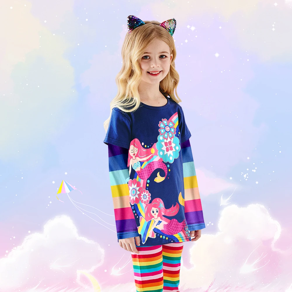 DXTON Girls Long Sleeve T-shirts Mermaid Print Children Clothing Kids Casual Tops Cartoon T-shirt Girl Cotton Outwear 3-12 Years