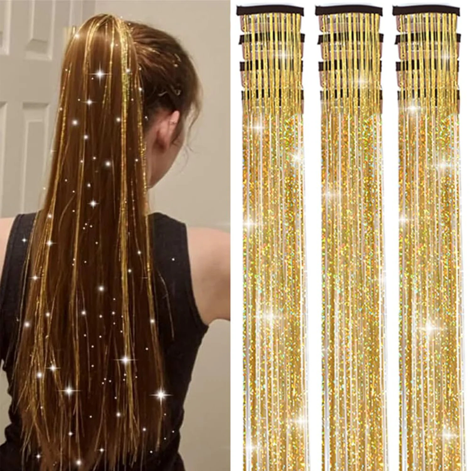 Haar-Glitzerstreifen, 12 Stück, glänzendes Metallband, Clip, Perückenstück, Glitzerband im Haar, Party-Fokus, zartes, auffälliges Geschenk, synthetisch – Detail 1