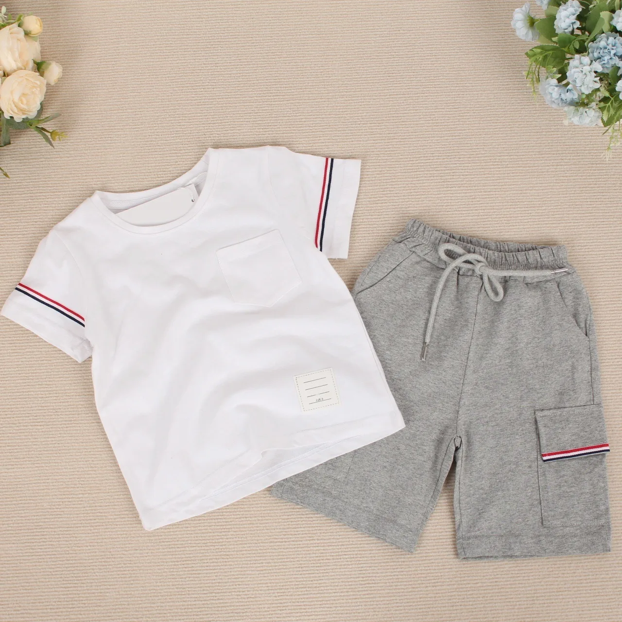 2024 summer children's short-sleeve suit bar knit printed casual sports suit crew-neck suit 100-160cm