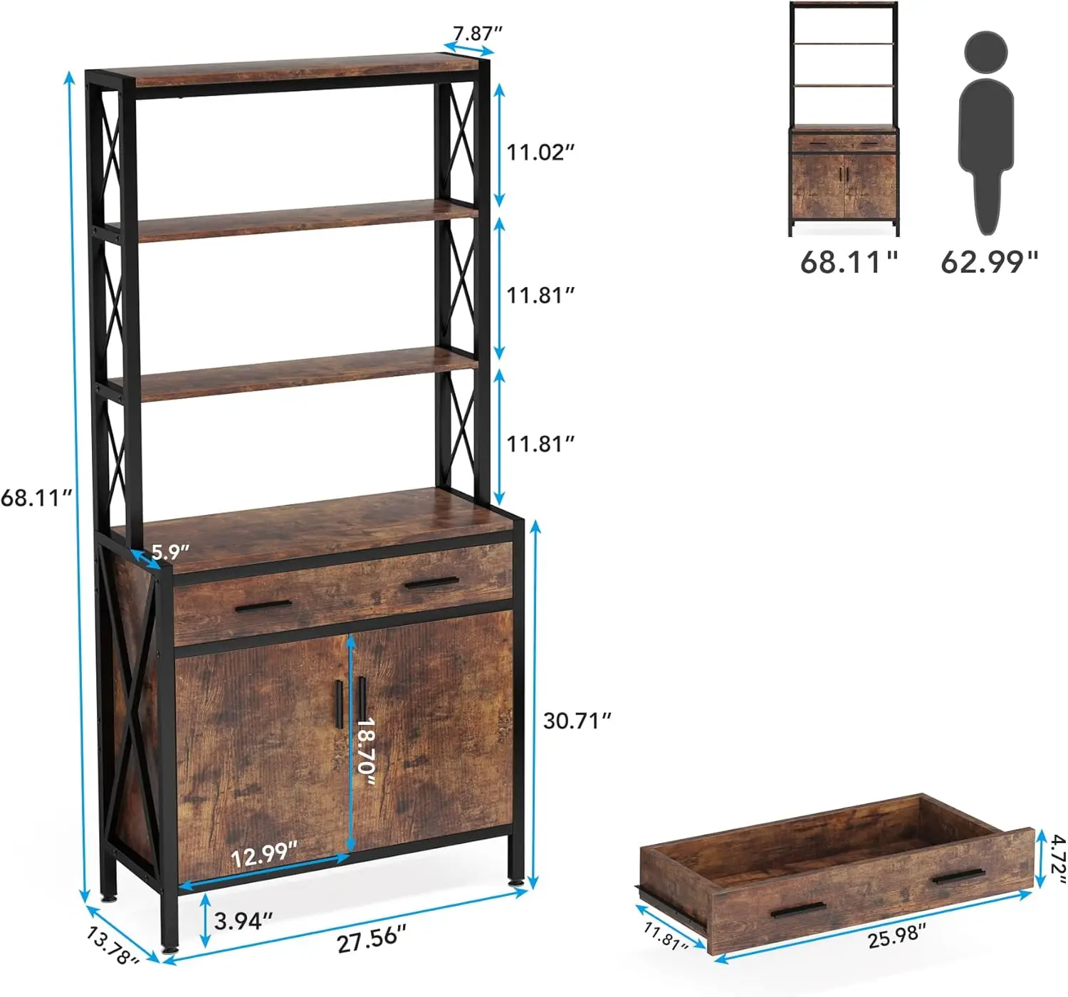 Bookshelf Set of 2, Tall Bookcase with Doors and Drawer, Industrial Etagere Storage Cabinet Display Rack for Home Office