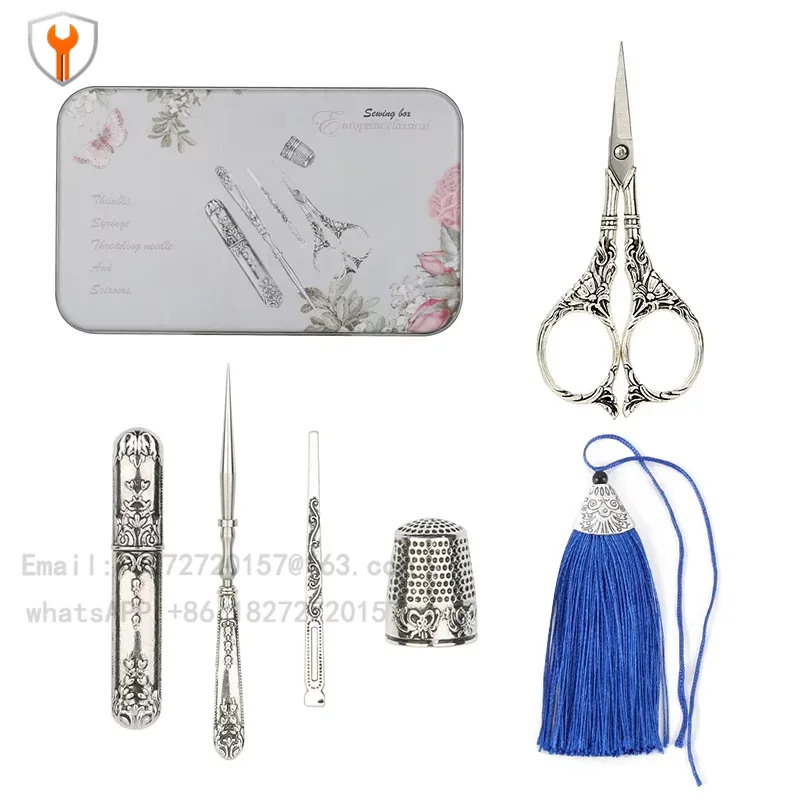 Vintage Sewing Kit Stainless Steel Scissors Set Cone Needle Set Needle Storage Box DIY Embroidery Tools Sewing Concept