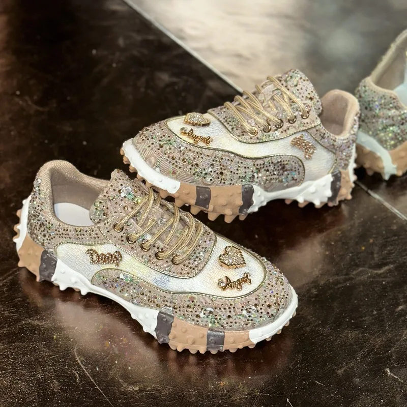 

Luxury Crystal Metal Decorated Sports Shoes 2025 Women Non Slip Running Shoes Comfortable Breathable Casual Wear-resistant Shoes