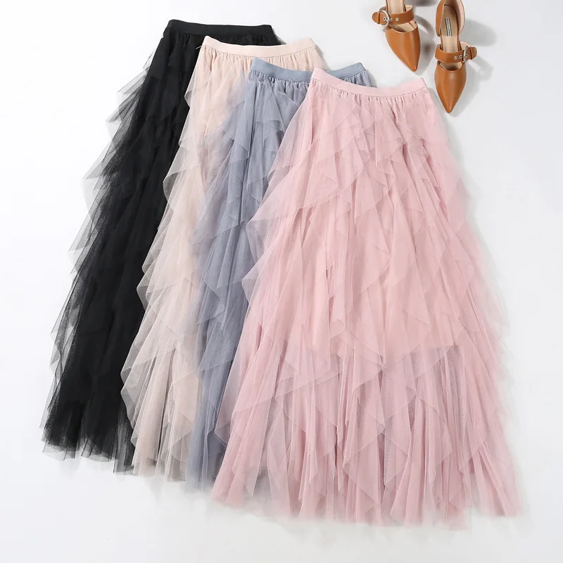 

2024 New Women's Mesh Elastic Sheep Skirt Beach Spring/Summer Korean Edition High Waist Fashion Folded Sheep Skirt P987