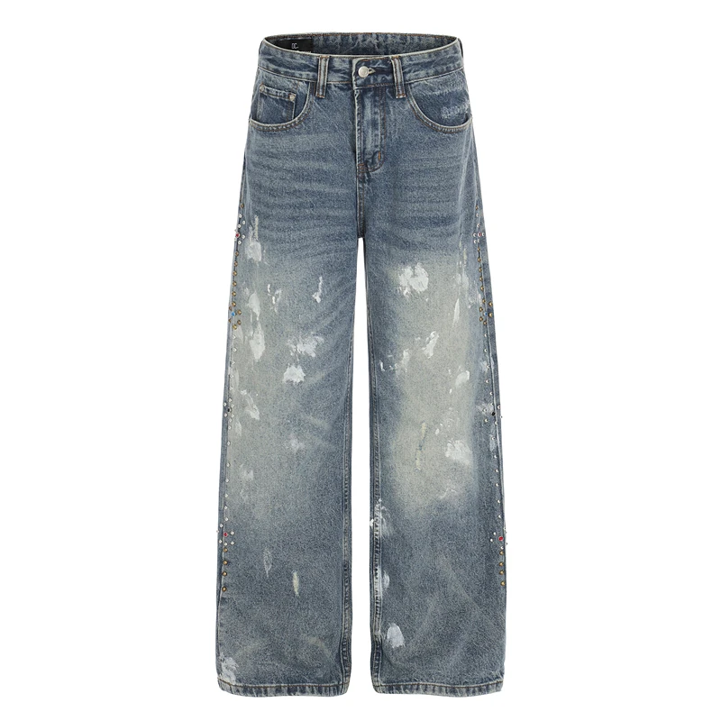 

Американские ретро-джинсы с бисером и эффектом потертости для мужчин и женщин, прямые брюки CleanFit с эффектом потертости, повседневные свободные джинсы