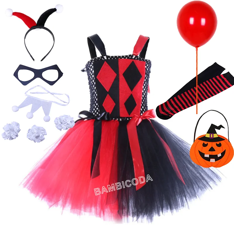 Disfraz De payaso Joker para niñas, disfraz De Cruella De Vil para Halloween, disfraz De fantasía De villano, vestido elegante De lunares, vestido tutú De cumpleaños para niños