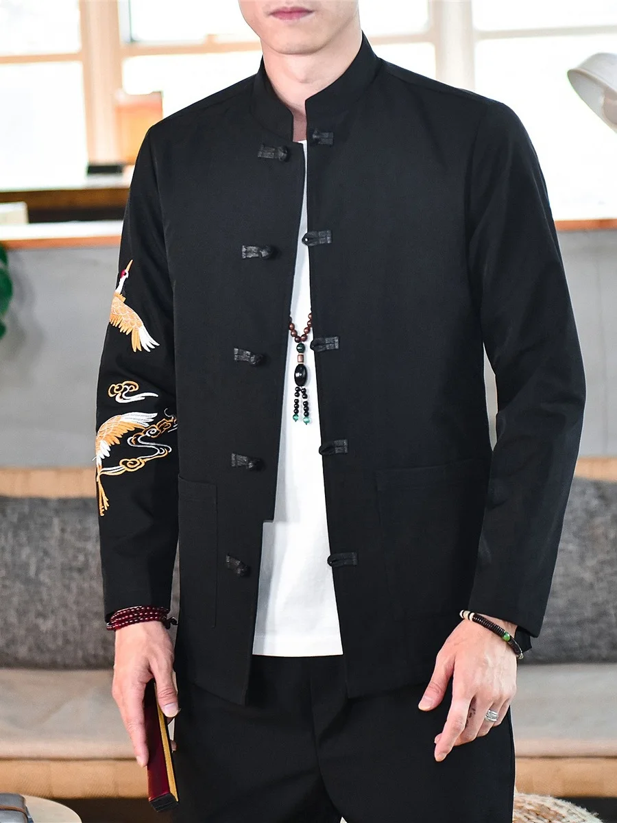 

New Men's Spring Faion Chinese Sle Crane Embroidery Stand Collar Zhongan Jaet Retro High-End Trendy Brand Outerwear