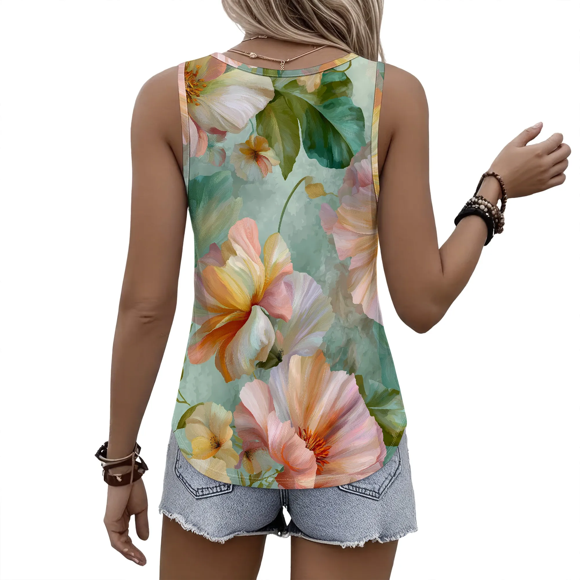 Sleeveless Floral Tank Top, Pastel Flower Print Blouse, Loose Fit Summer Shirt, Casual Vacation Wear, S-2XL