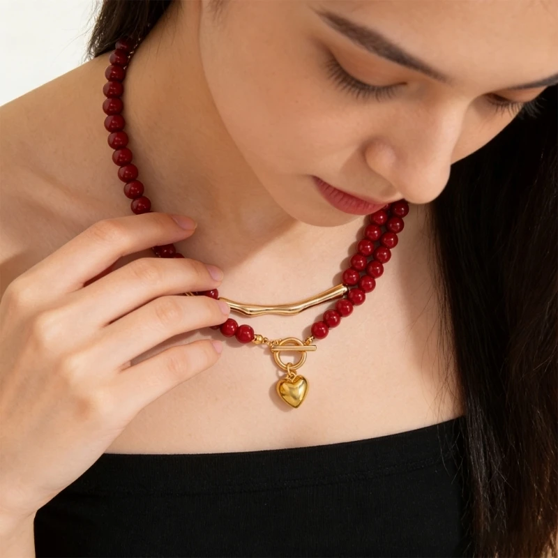  Pack of 2 Fashionable OT Buckles Closure Beads Chain Necklaces for Women With Heart Pendant Daily Wear Jewelry