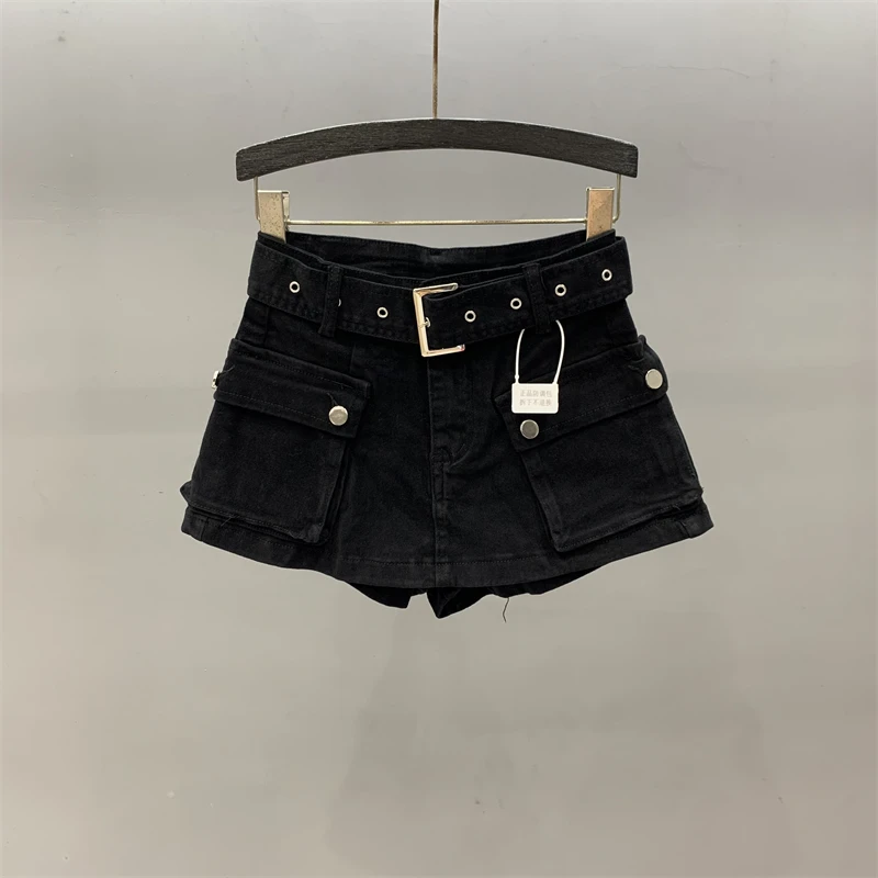 Wash water vintage blue jeans with buttocks stretch skirt girls 23 summer high-waist pocket girls aline short skirt belt