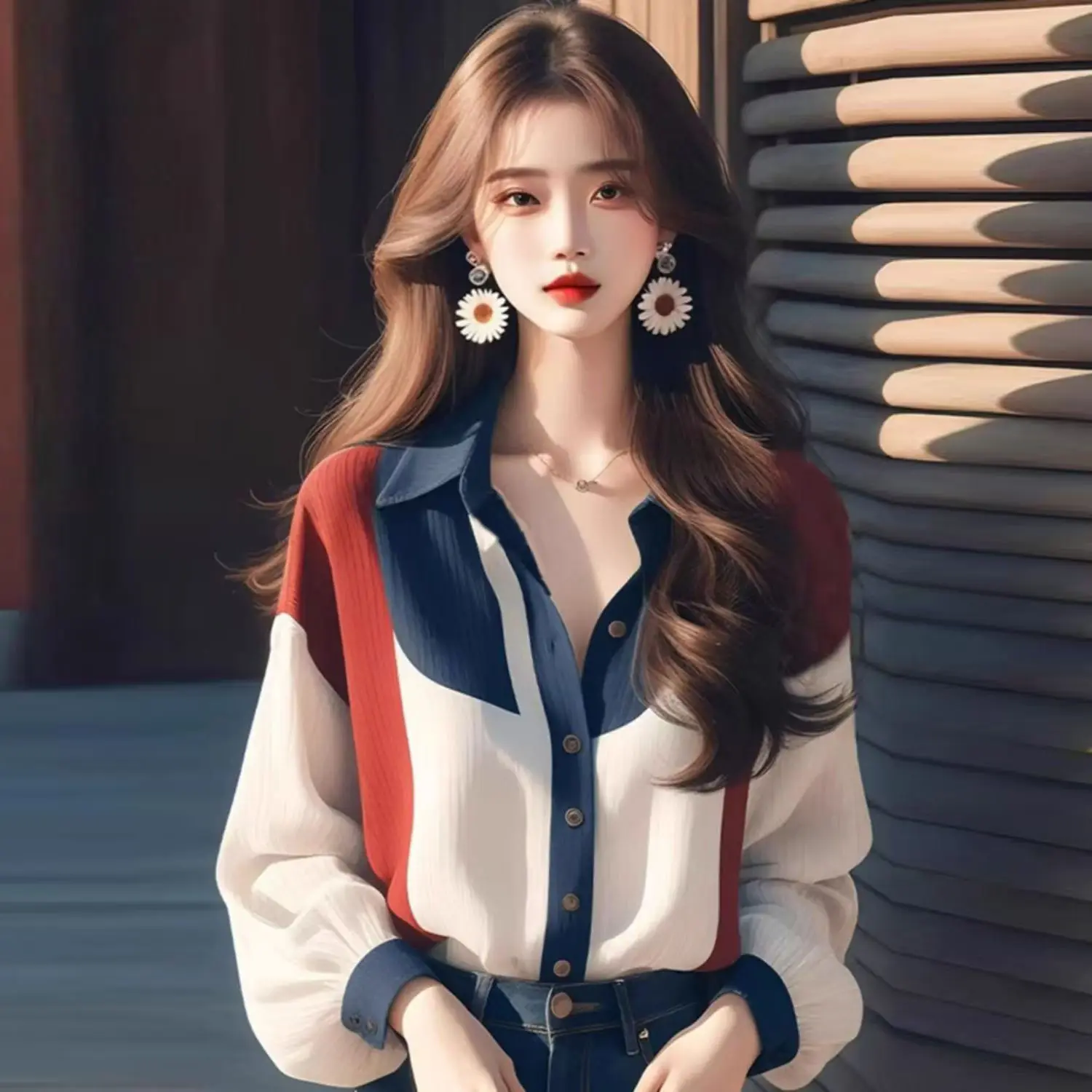 Early Autumn New Sle Loose Fit Orange Splice Lantern Sve irt Korean Sle Faionable Casual V Ne Long Sve irt