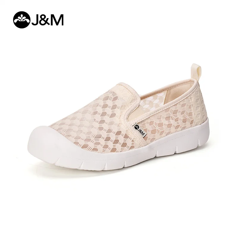 J&M Casual Shoes Women 2024 Lady Mesh Breathable Flats Spring Summer Slip-on Shoes White Shoes Walking Sports Black Sneakers