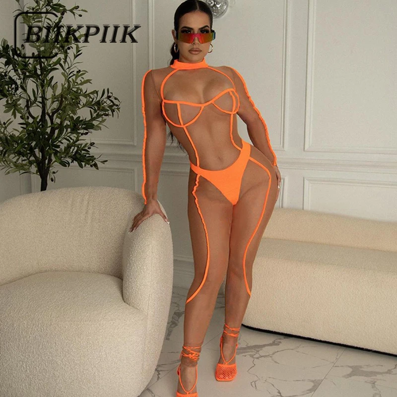 BIIKPIIK Sexy See Through Women Jumpsuits Fashion Unique Striped Mesh Rompers Clubwear Sheer Jumpsuit Midnight Party Summer 2024