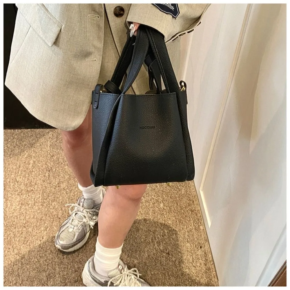 

Solid Color Vintage Basket Bag Large Capacity with Inner Bag PU Leather Bucket Bag Women's Tote Bag Mother Child Package