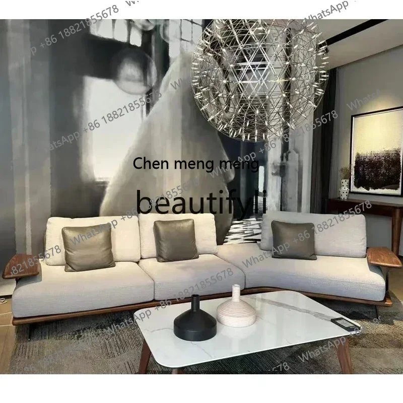 D178  a26 Hong Kong-style sofa modern and simple, straight row black walnut solid wood sofa Nordic living room fabric sofa