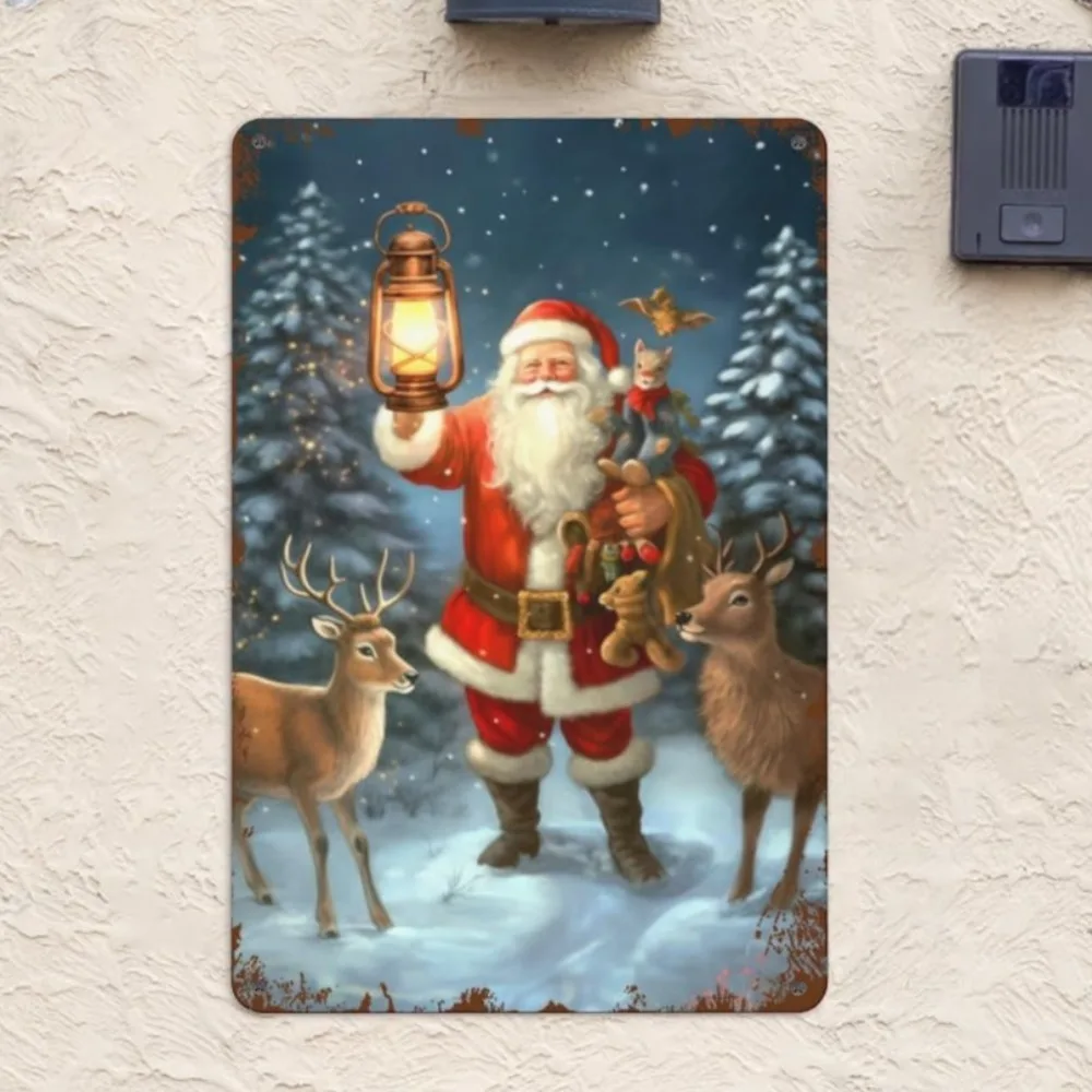 Holiday Seasonal Merry Christmas Tin - Vintage Santa Claus Metal Sign, Wall Decor for Home Office Shop