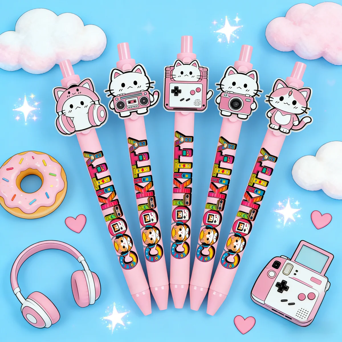 5 pieces or 10 pieces of creative pink cat-themed ballpoint pens with musical cat-shaped push buttons