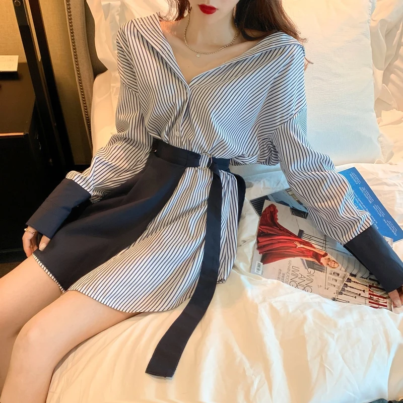 Autumn 2023 Two Pieces Sets Women Stripe Long Sleeve Blouse Dress + Lace Up Mini Dress Korean Fashion 2PCS Suit Womens Clothing